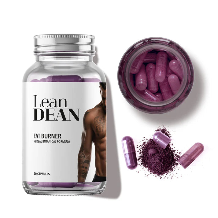 A bottle of Lean Dean Fat Burner with purple capsules is shown next to an open jar and some spilled powder on a white surface, available at Fisa Health.