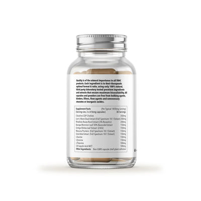 A clear bottle of Limitless Brain Boosting Nootropic Formula (90 capsules) with beige capsules inside and a white label displaying ingredients and nutrition facts in black text, available at Fisa Health.
