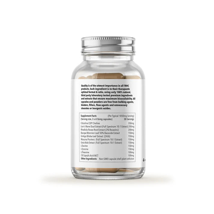 A clear bottle of Limitless Brain Boosting Nootropic Formula (90 capsules) with beige capsules inside and a white label displaying ingredients and nutrition facts in black text, available at Fisa Health.