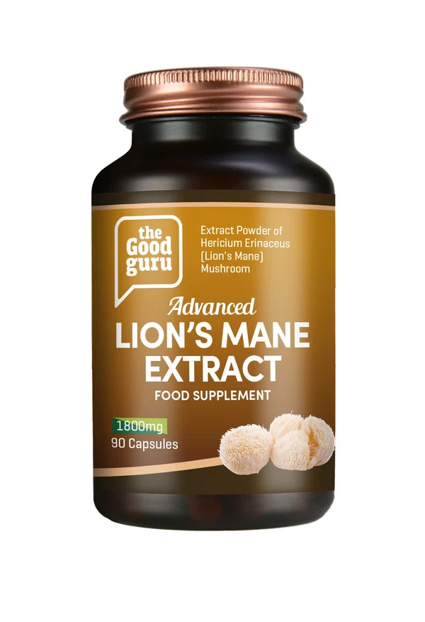 A brown bottle of The Good Guru Lion’s Mane Mushroom Extract 1800mcg 90 capsules, available at Fisa Health.