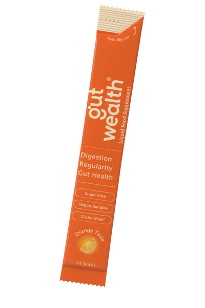 Gut Wealth Liquid Sachets (14), vegan and gluten-free orange supplement sticks, sugar-free, displayed in single-serve packaging, available at Fisa Health.