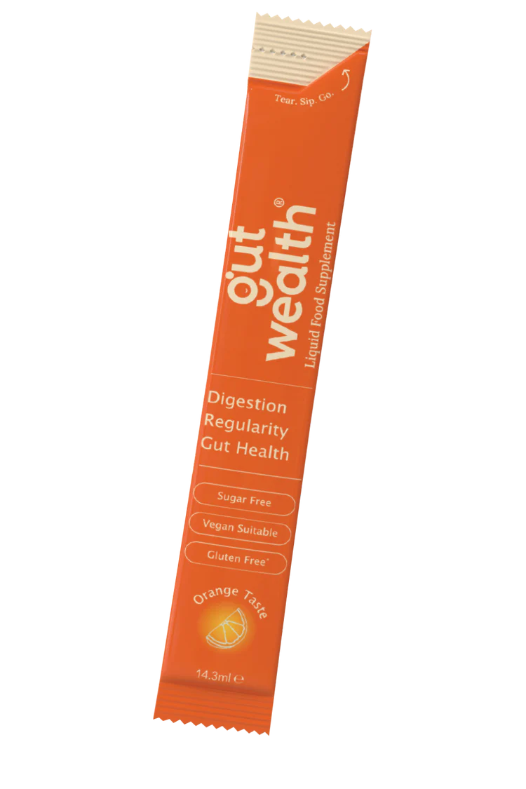 Gut Wealth Liquid Sachets (14), vegan and gluten-free orange supplement sticks, sugar-free, displayed in single-serve packaging, available at Fisa Health.