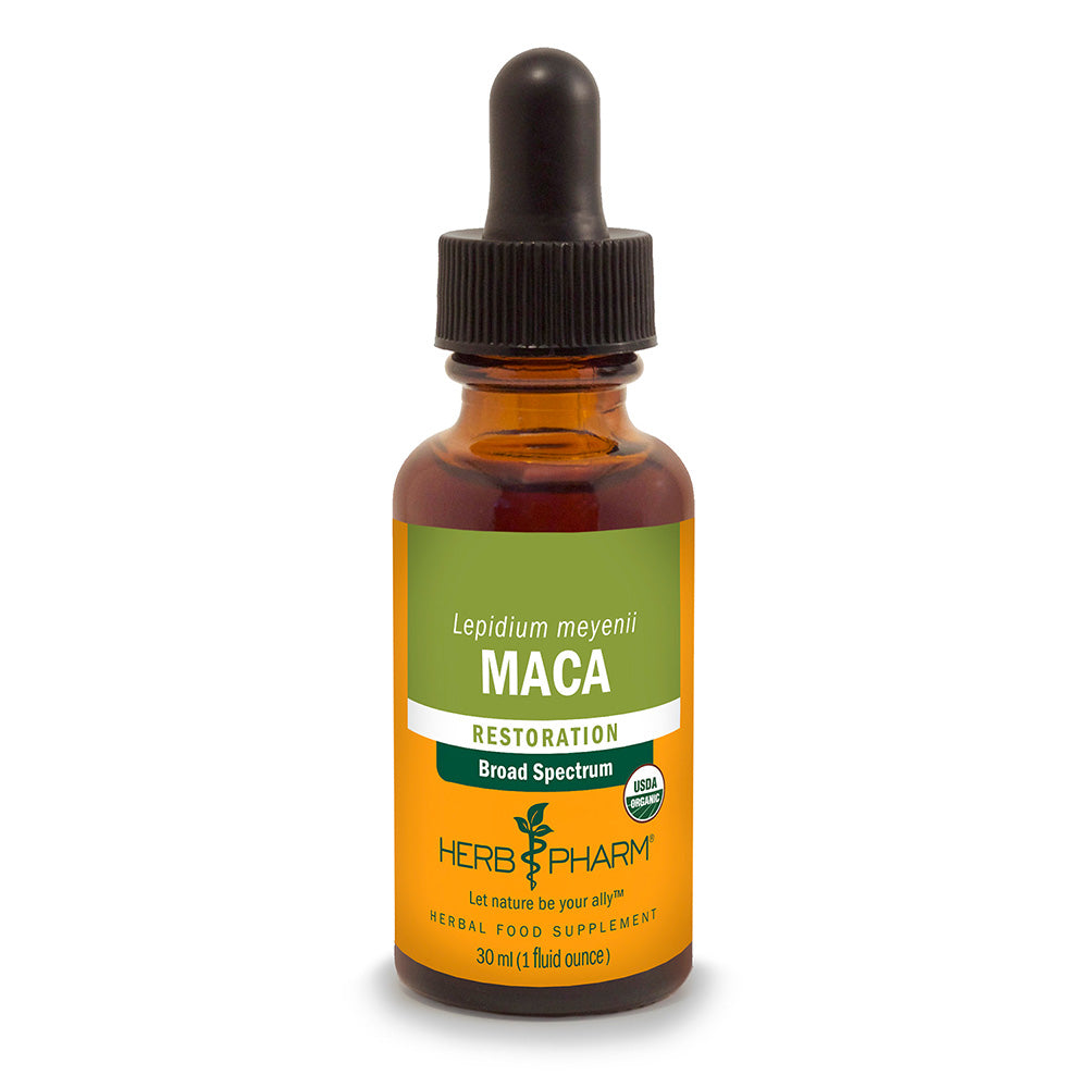 A brown glass dropper bottle labeled Herb Pharm Maca Extract 30ml with a green and yellow design, containing organic Lepidium meyenii extract, available at Fisa Health.