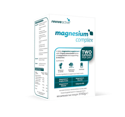 Revive Active Magnesium Complex box states "TWO CAPSULES PER DAY" and displays a list of ingredients on the front. Available at Fisa Health.