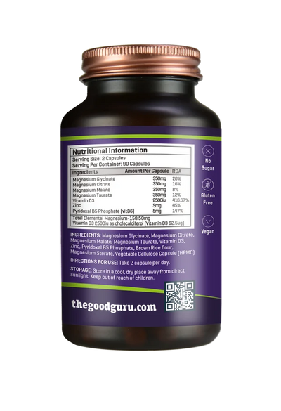 A brown The Good Guru Magnesium Complex 90 Capsules bottle with a label listing nutritional information, ingredients, and icons for no sugar, gluten-free, and vegan, available at Fisa Health.