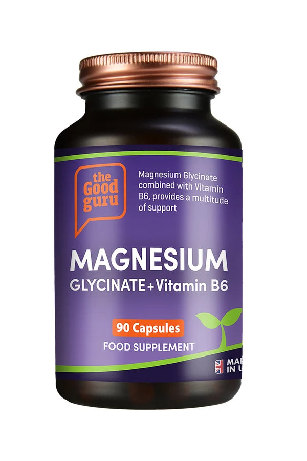 A bottle of The Good Guru Magnesium Glycinate + Vitamin B6 90 Capsules, available at Fisa Health.