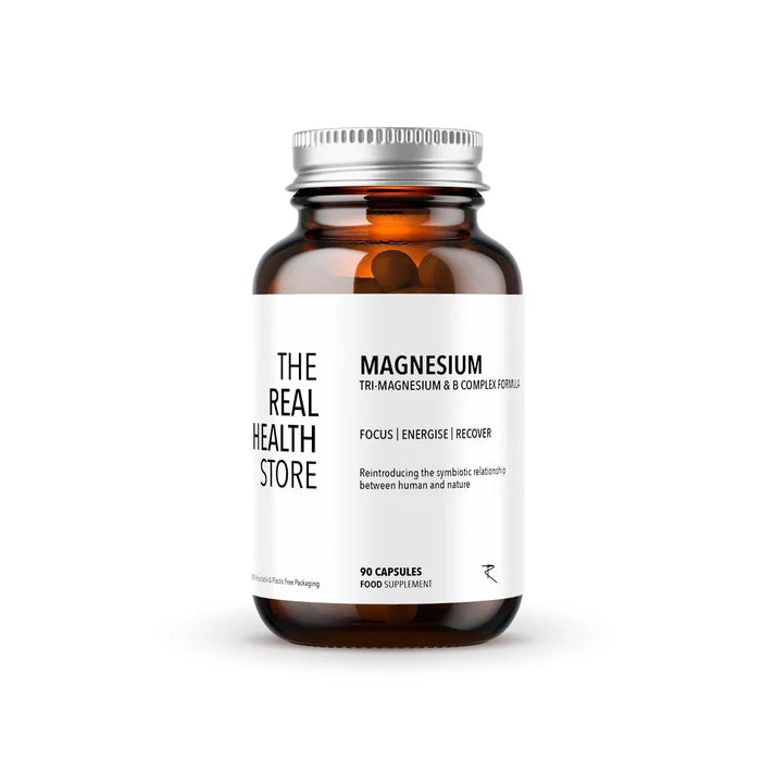 A brown glass bottle labeled Magnesium & Methylated B Vitamin Complex Formula features a minimalist white and black design and contains 90 capsules, available at Fisa Health.