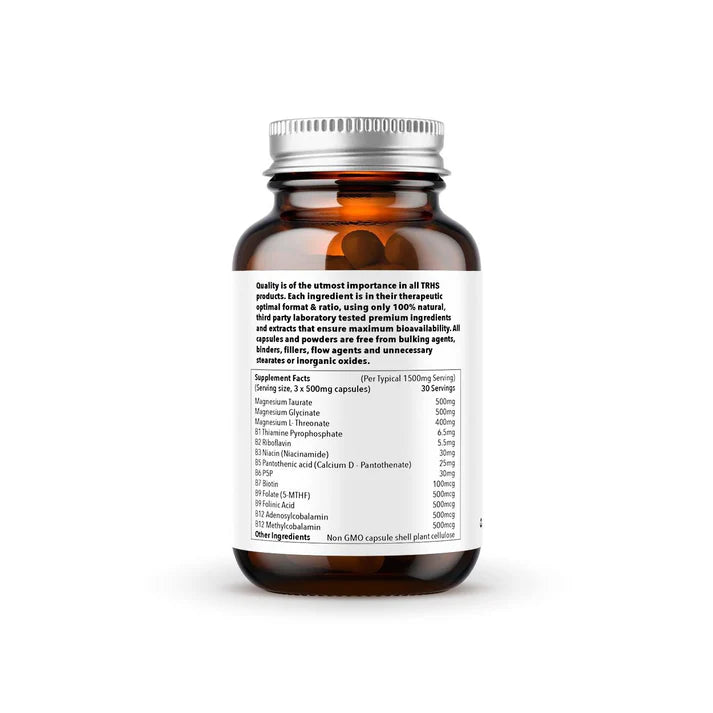 A brown bottle labeled "Magnesium & Methylated B Vitamins" with a silver cap and white label displaying supplement facts, available at Fisa Health.