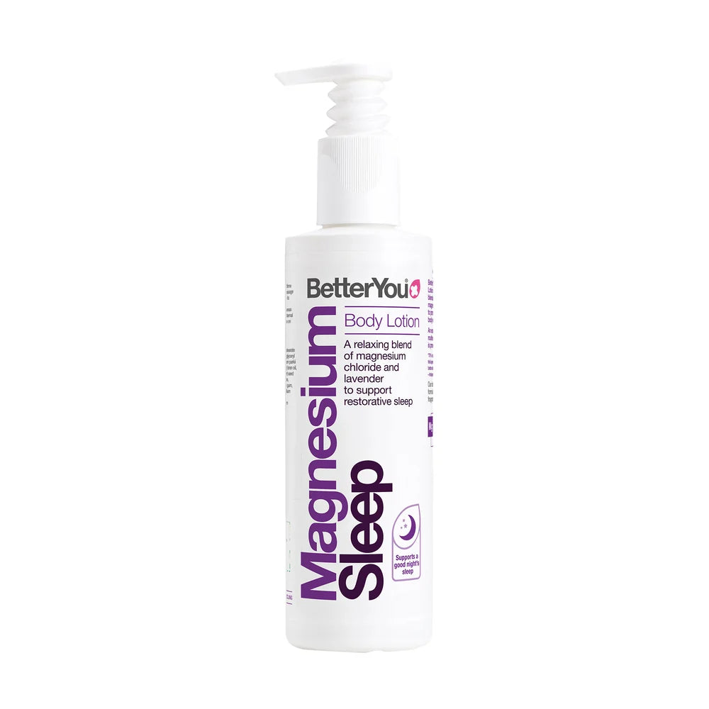 A white pump bottle of BetterYou Magnesium Sleep Mineral Lotion 180ml, available at Fisa Health.