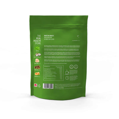 Back view of green resealable pouch labeled Matcha Magic (Matcha & Mushroom) Elixir - 230g, showing ingredient list and directions for use, available at Fisa Health.