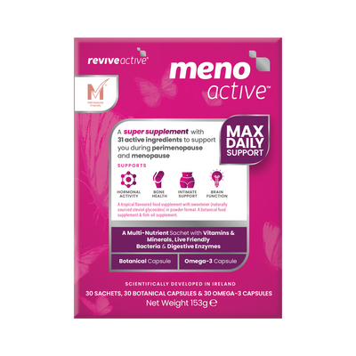 Front view of a Revive Active Meno Active box, featuring pink and white packaging with details on vitamins, minerals, and omega-3 ingredients, available at Fisa Health.
