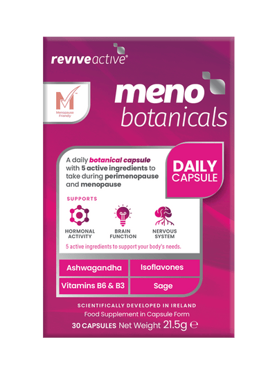 A box of Revive Active Meno Active featuring a pink and white design. The packaging highlights 5 active ingredients and contains 30 capsules, available at Fisa Health.