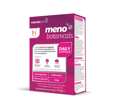 A box of Revive Active Meno Active featuring ashwagandha and sage, displayed in its branded packaging, available at Fisa Health.