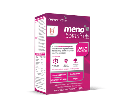A pink and white box of Revive Active Meno Active daily supplement, with product branding and details visible on the packaging, available at Fisa Health.