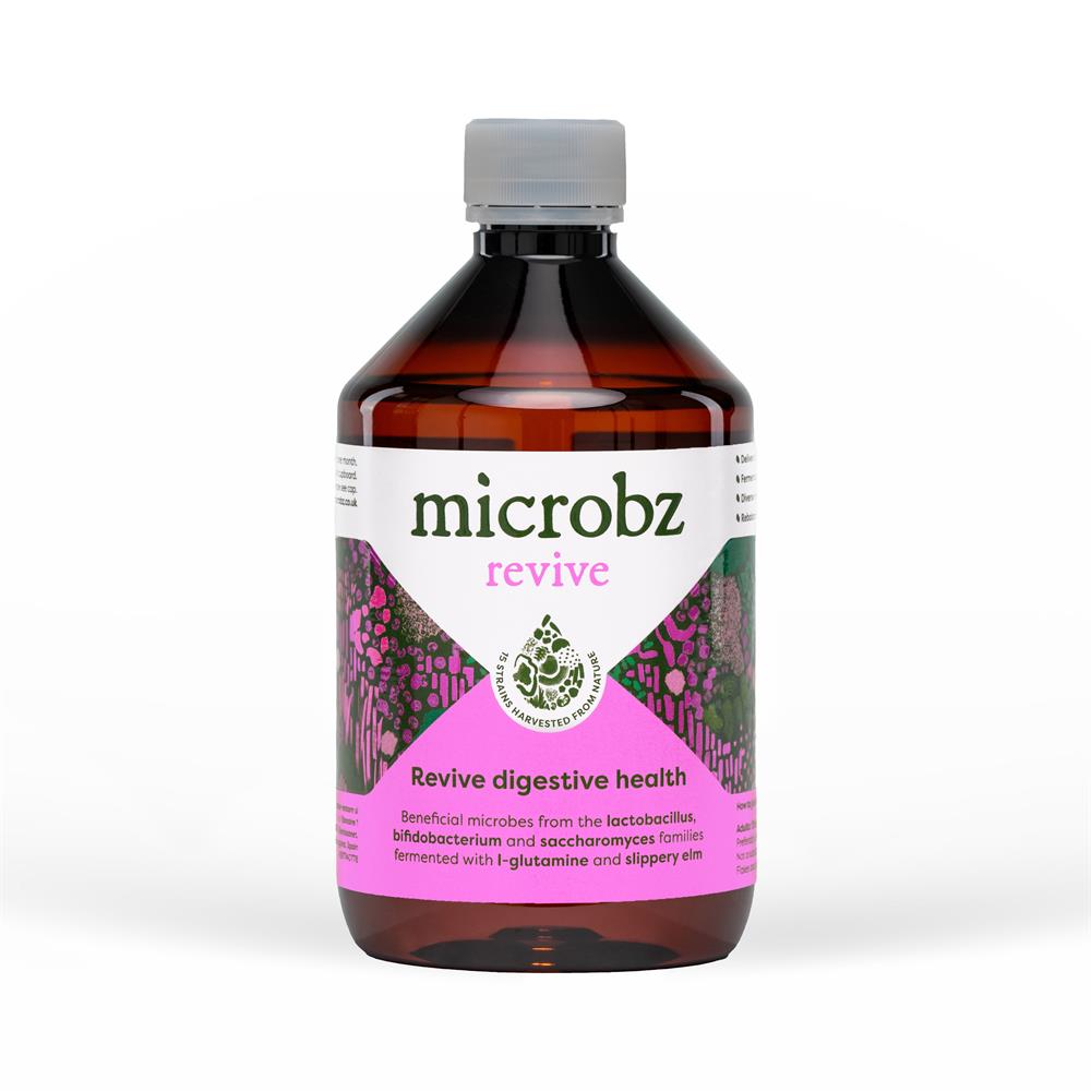 A brown Microbz Revive bottle with pink accents, highlighting its inclusion of soil-based microbes and herbs, available at Fisa Health.