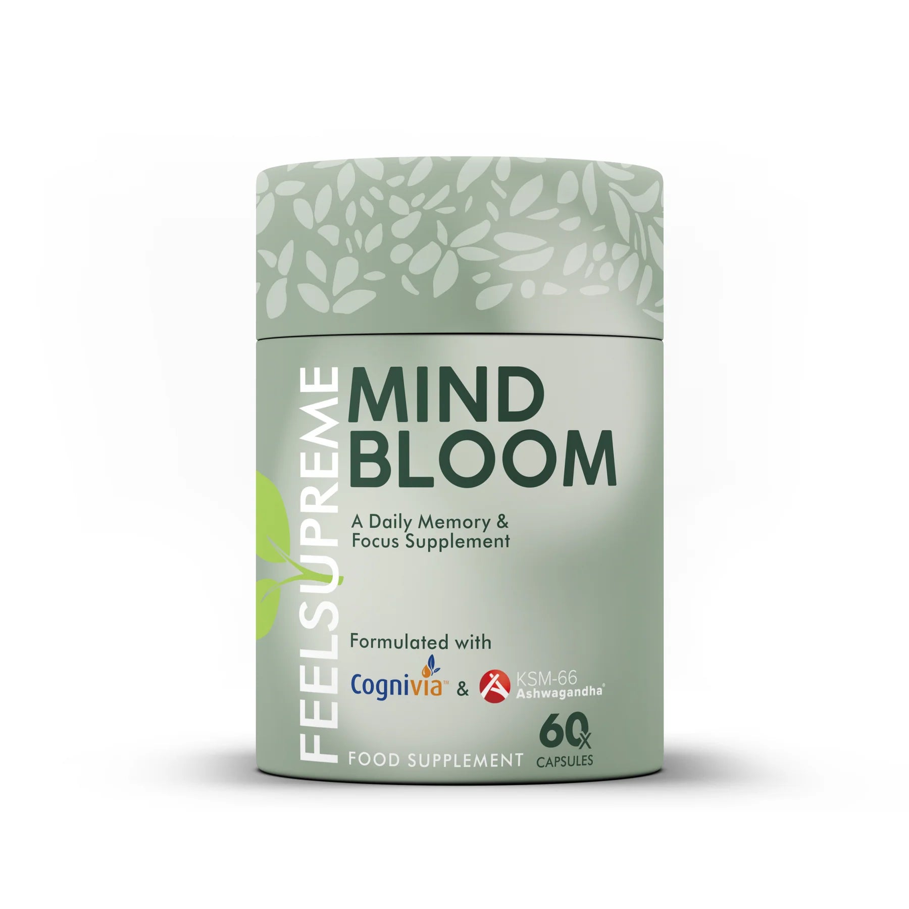 Green cylindrical container labeled “Feel Supreme Mind Bloom” by Feel Supreme, with 60 capsules inside and a leaf pattern on the lid, available at Fisa Health.