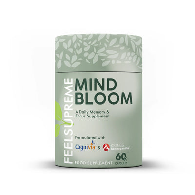 Green cylindrical container labeled “Feel Supreme Mind Bloom” by Feel Supreme, with 60 capsules inside and a leaf pattern on the lid, available at Fisa Health.