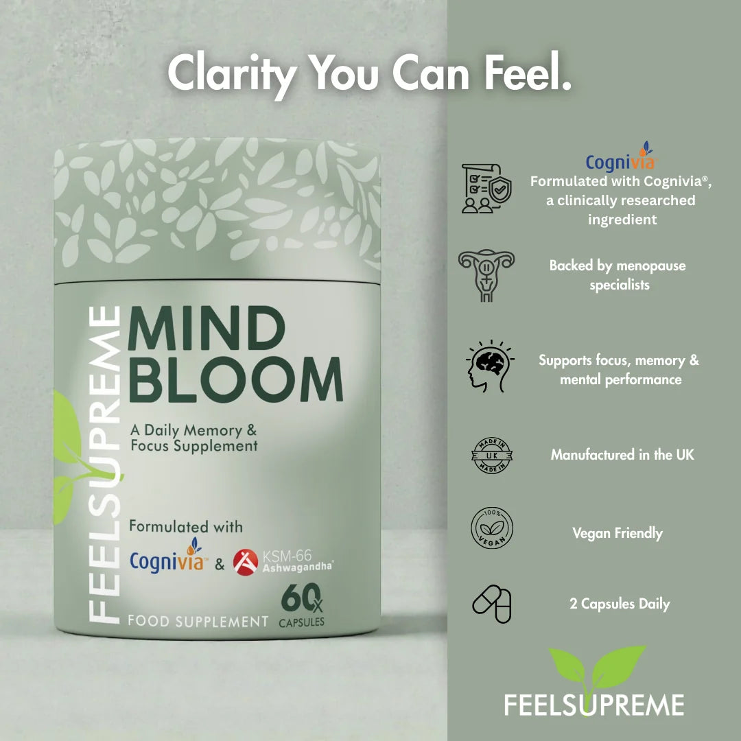 A green Feel Supreme Mind Bloom bottle with “Clarity You Can Feel” above, vegan and UK-made, 60 capsules, take 2 daily, available at Fisa Health.