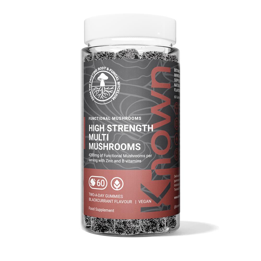 Clear plastic bottle of Known Nutrition High Strength Multi Mushrooms Gummies - 60 Gummies, featuring blackcurrant flavor text, available at Fisa Health.