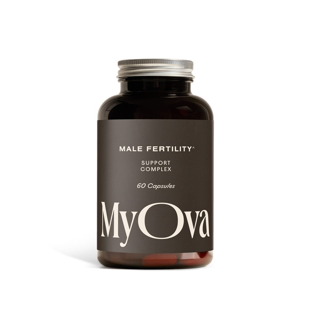 A brown bottle of My Ova Male Fertility Supplement, 60 capsules, with a silver cap is displayed on a plain white background, available at Fisa Health.