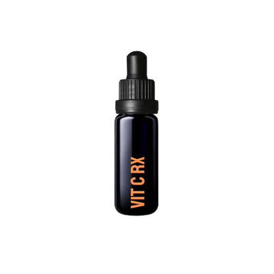 A black dropper bottle with a black cap and orange "VIT C RX" text contains Mycell Inside Vitamin C, featuring turmeric and frankincense on a plain white background, available at Fisa Health.
