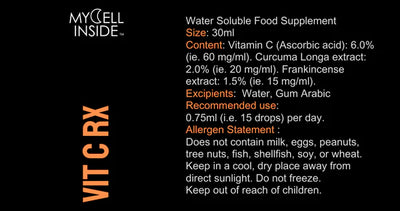The Mycell Inside Vitamin C label displays images of turmeric and frankincense, with dosage, ingredient, allergen, and storage details on a black background with orange and white text, available at Fisa Health.