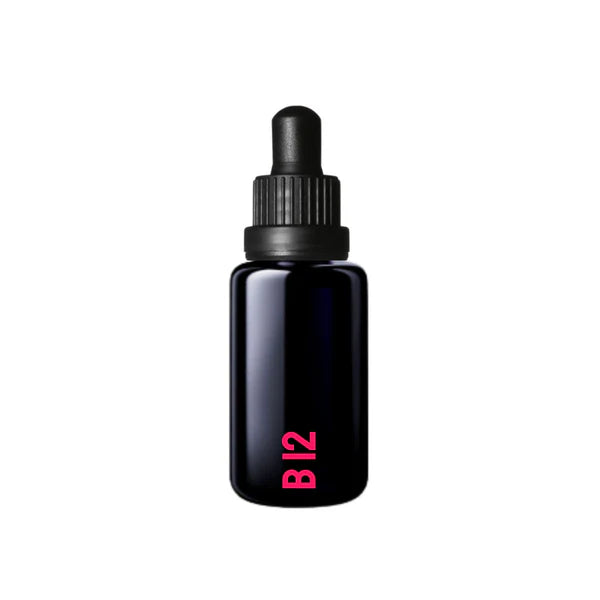 A black dropper bottle labeled Mycell Inside Vitamin B12 30ml with pink "B12" text is displayed against a white background, available at Fisa Health.