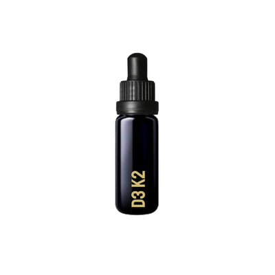 A black dropper bottle labeled Mycell Inside Vitamin D3 & K2 with gold lettering stands upright on a white background, highlighting MyCell Technology, available at Fisa Health.