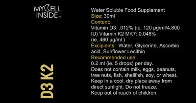 Mycell Inside Vitamin D3 & K2 with MyCell Technology packaging. White and yellow text displays ingredients, dosage, storage, and allergen information, available at Fisa Health.