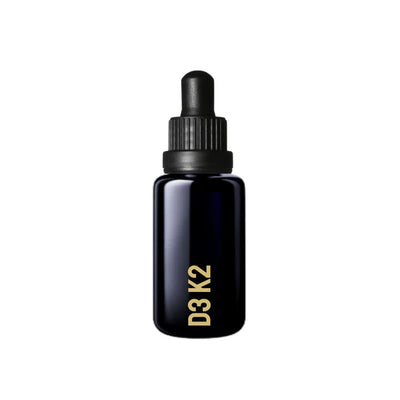 A dark glass dropper bottle labeled "Mycell Inside Vitamin D3 & K2" stands upright on a white background, available at Fisa Health.