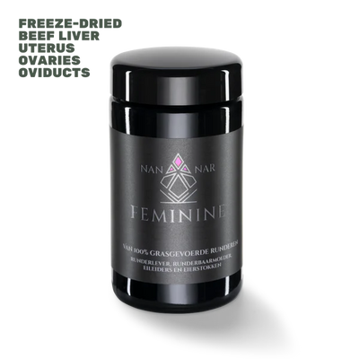 A black jar with the label Nannar Feminine displays ingredients including freeze-dried beef liver, uterus, ovaries, and oviducts, available at Fisa Health.