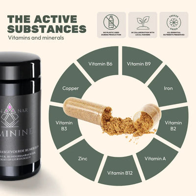 A Nannar Feminine capsule spills powder next to a chart displaying vitamins and minerals, with text emphasizing natural ingredients, available at Fisa Health.