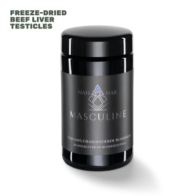 A black Nannar Masculine container with a geometric logo, displaying freeze-dried grass-fed beef testicles and liver, available at Fisa Health.