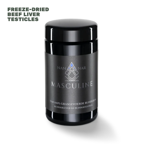 A black Nannar Masculine container with a geometric logo, displaying freeze-dried grass-fed beef testicles and liver, available at Fisa Health.
