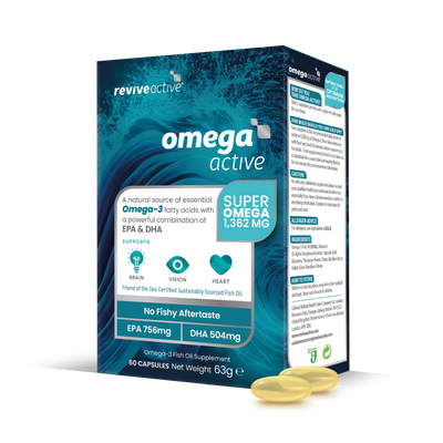 A box of Revive Active Omega Active with two yellow capsules placed beside it. The product packaging shows the FISA Health brand name. Available at Fisa Health.