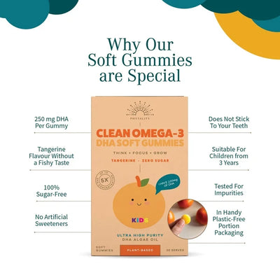 A box of Phytality KIDS Clean Omega-3 DHA Soft Gummies showing features like sugar-free, plant-based algae oil, no artificial sweeteners, and child-safe packaging, available at Fisa Health.