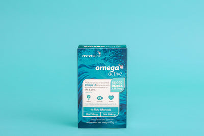 A box of Revive Active Omega Active EPA DHA supplement is upright on a teal background, displaying the brand name and product name on the front, available at Fisa Health.