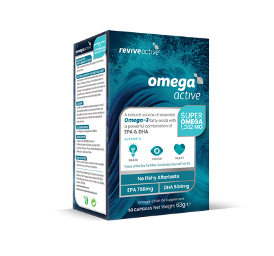 Packaging of Active Omega Active plant-based enteric capsules, labeled as free from fishy aftertaste, available at Fisa Health.