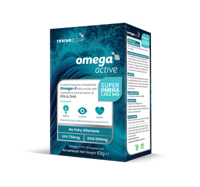 A box of Revive Active Omega Active with plant-based enteric capsules, featuring blue swirling water graphics on the packaging. Available at Fisa Health.