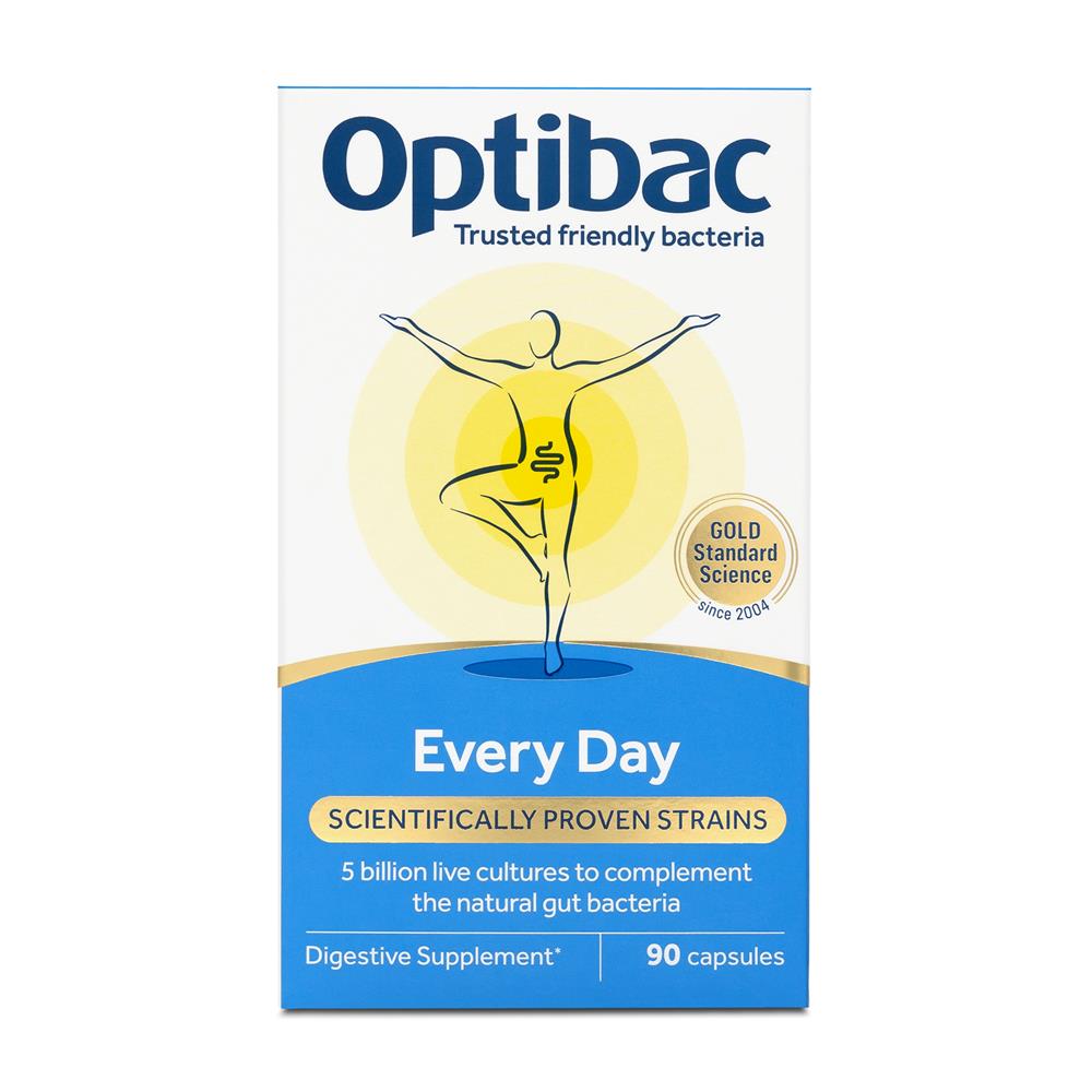 Optibac Every Day 90 capsules box with label detailing 5 billion live cultures per dose and featuring yoga pose artwork, available at Fisa Health.