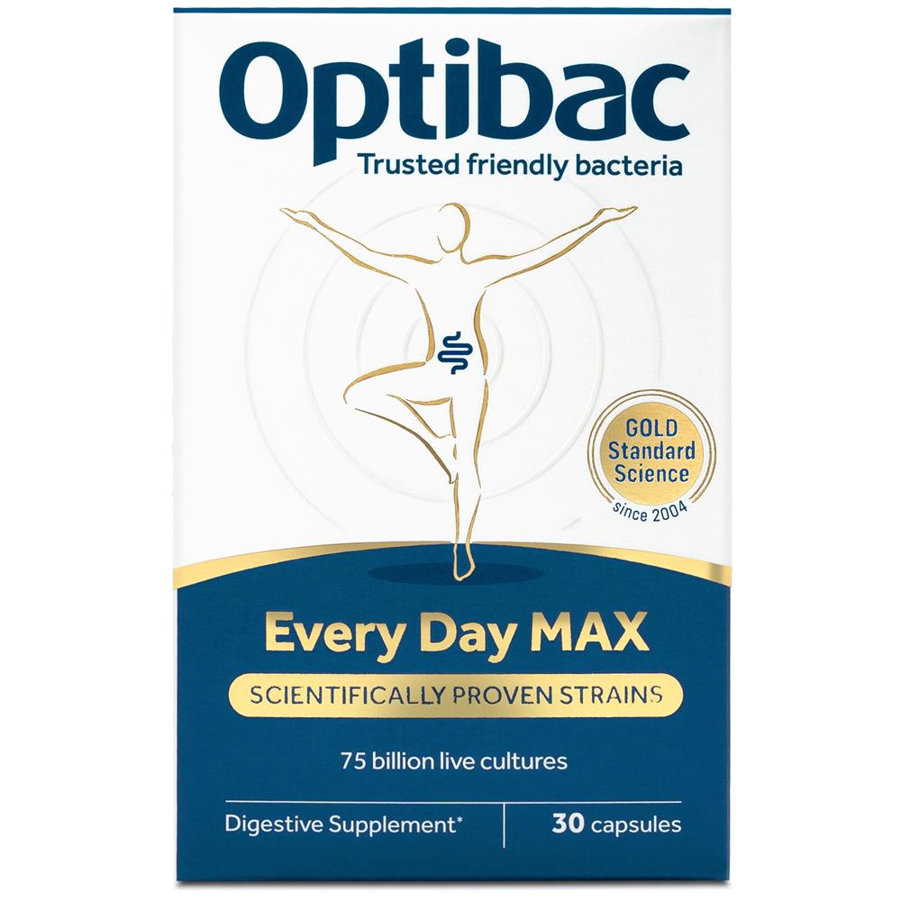 Optibac Every Day MAX 30 capsules box with a gold outline of a balancing person and "75 billion live cultures" on the packaging, available at Fisa Health.