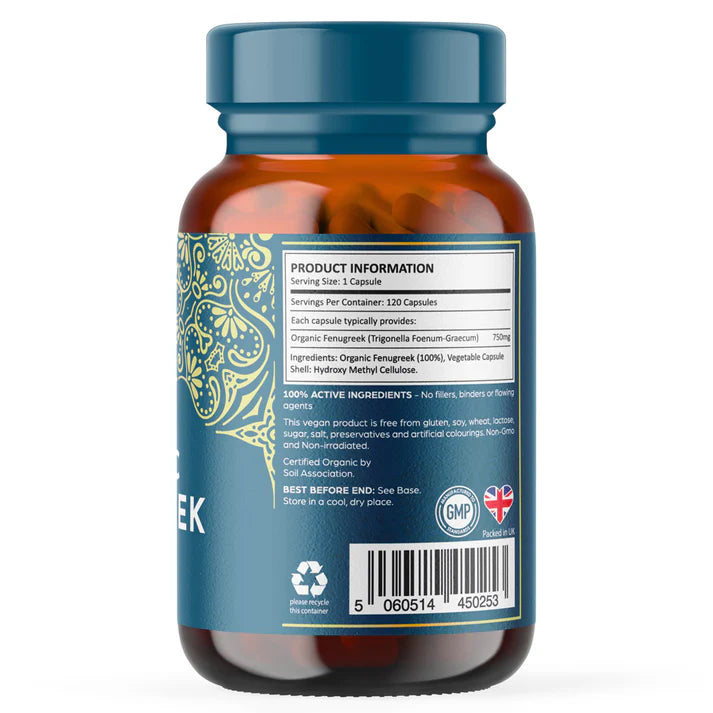 A brown bottle with a blue label displays Organic Fenugreek Capsules - 120 Capsules, along with nutrition facts, barcodes, and certification symbols on the back, available at Fisa Health.