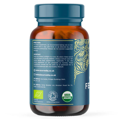 A brown bottle of Organic Fenugreek Capsules (120 count) with a blue cap, gold pattern, directions, contact information, and organic certification label visible; available at Fisa Health.