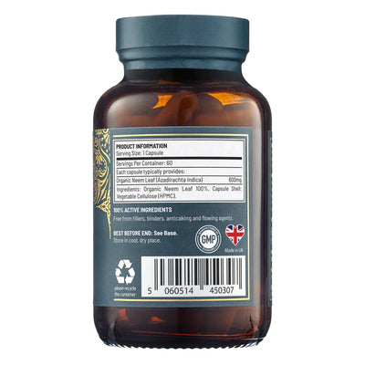 A brown bottle labeled "Organic Neem Leaf - 60's" with product and supplement information on the label, available at Fisa Health.