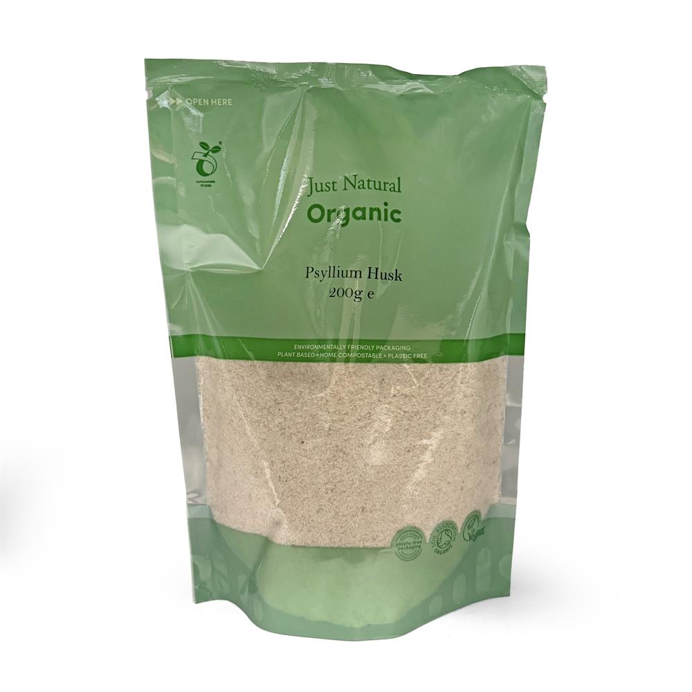 A clear plastic pouch of Just Natural Organic Psyllium Husk 200g, available at Fisa Health.