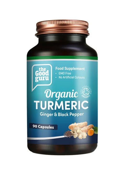 A bottle of The Good Guru Organic Turmeric, Ginger & Black Pepper 90 capsules, available at Fisa Health.