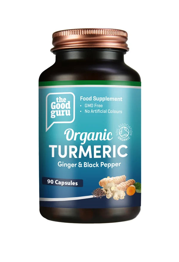 A bottle of The Good Guru Organic Turmeric, Ginger & Black Pepper 90 capsules, available at Fisa Health.