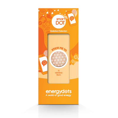 Orange and yellow packaging for smartDOT, labeled for tech devices. Text: Stick me to a wireless item. Circular design in center. Available at Fisa Health.