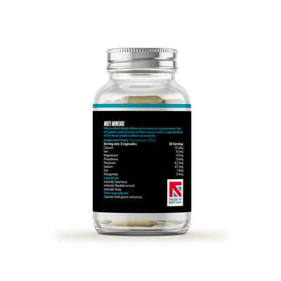 A clear bottle with a silver lid contains Raw Sport Pacifica Multi-Mineral vegan capsules. The black label lists minerals and displays a Made in Britain logo, available at Fisa Health.