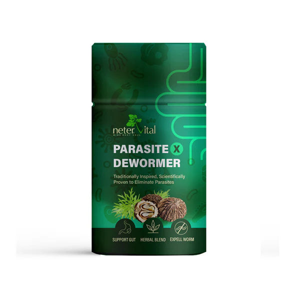 A green bottle labeled Neter Vital Parasite X Dewormer for Adults, featuring plant graphics and icons for gut support and herbal blend on a white background, available at Fisa Health.